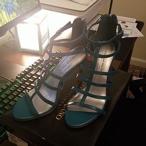 Christian siriano turquoise snakeskin heels